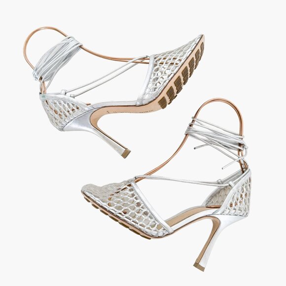 Bottega Veneta Stretch Lace-Up Sandals EU 37.5 7.5 Silver Mesh Fishnet High Heel - Picture 8 of 15